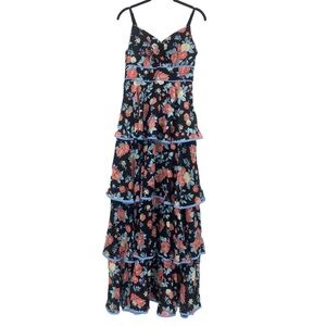 Foxiedox Dress M Darlene Ruffle Maxi Spaghetti Straps Pink Floral Black Blue New